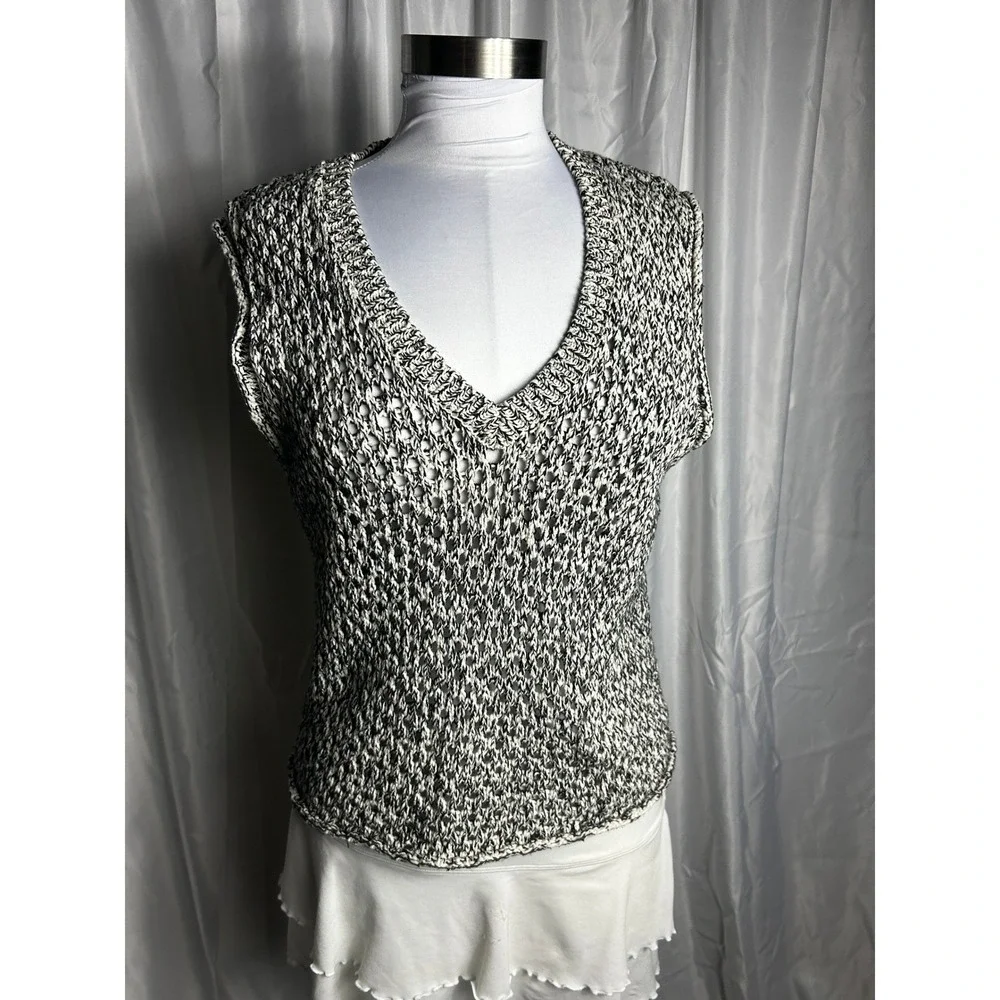 7 For All Mankind Womens Black White Italian Yarn Knit Sweater Vest V-Neck